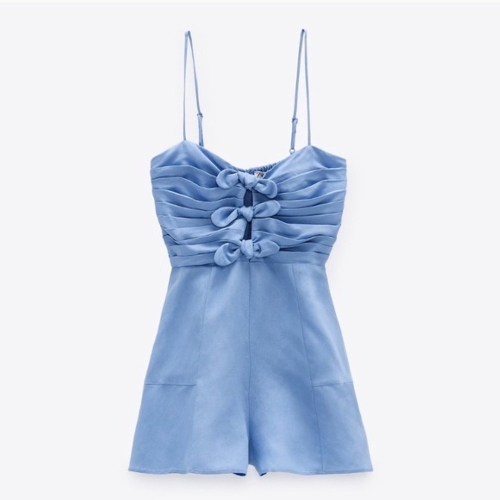 Zara Bow Trim Blue Rustic Romper Playsuit Size Medium